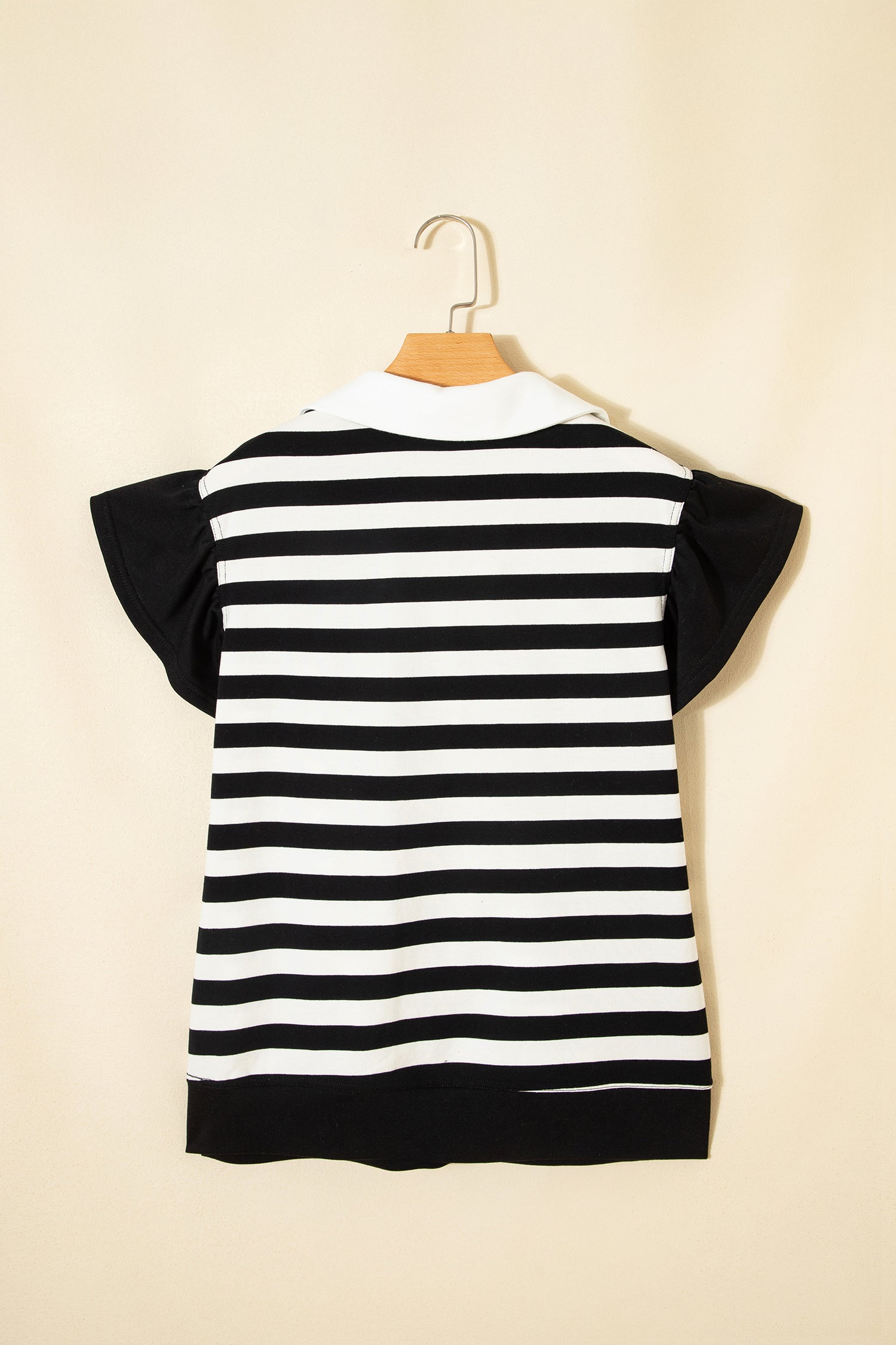 Pink Stripe Collar V Neck Ruffled Short Sleeve Blouse