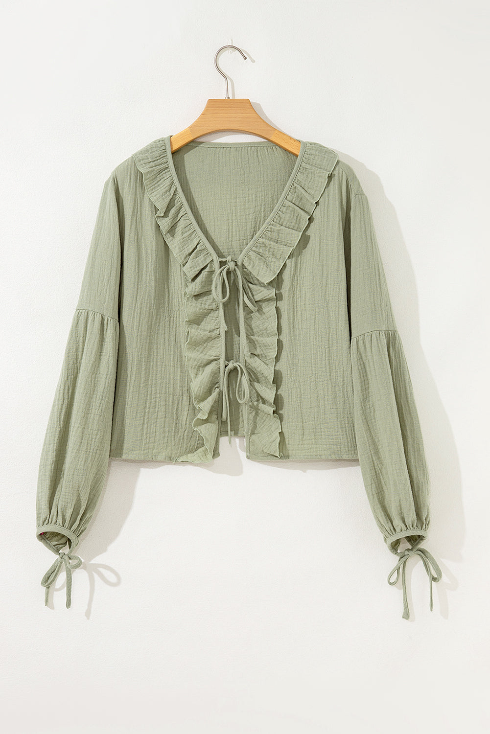 Meadow Mist Green Bow Tie Front Ruffle Trim V Neck Long Sleeve Gauze Blouse