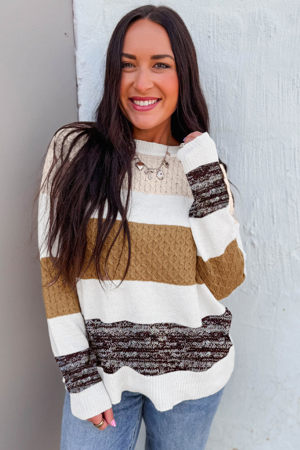 Green Mixed Texture Knit Striped Color Block Loose Sweater