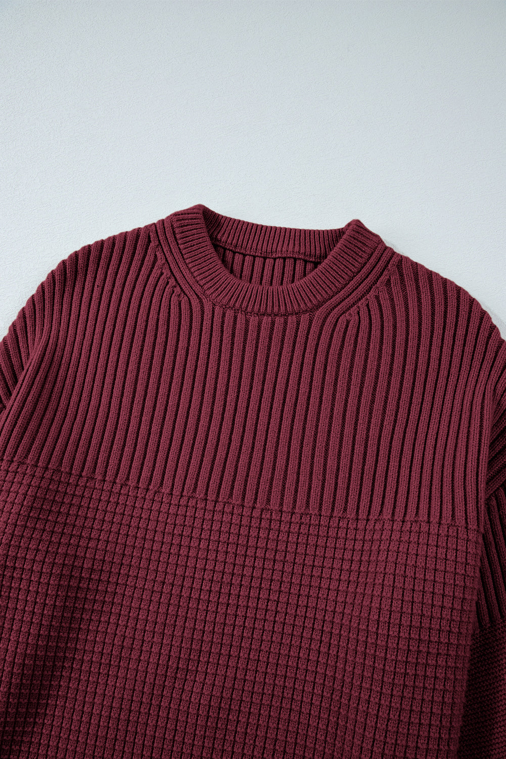 Vineyard Green Solid Color Mixed Textured Knitted Crew Neck Sweater