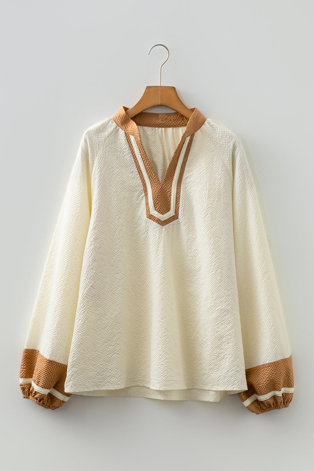 Black Color Block Patchwork Detail V Neck Textured Long Sleeve Blouse
