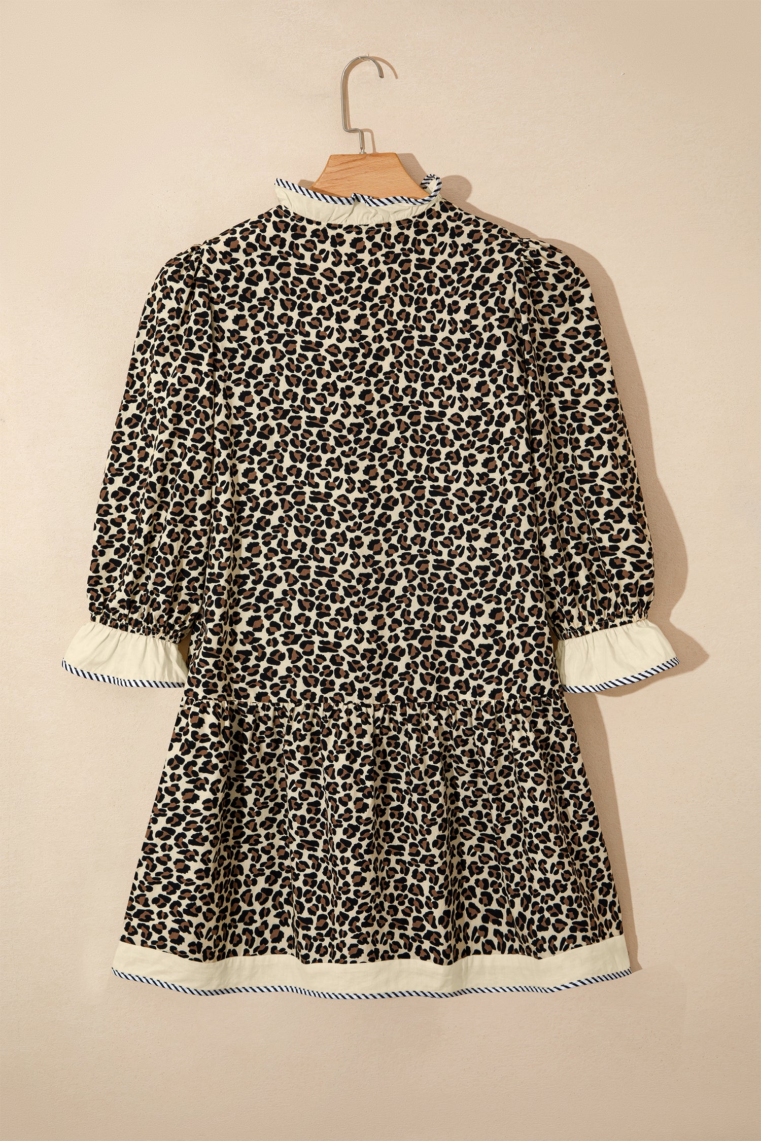 Black Leopard Print Striped Color Block Trim V Neck Bracelet Sleeve Mini Dress