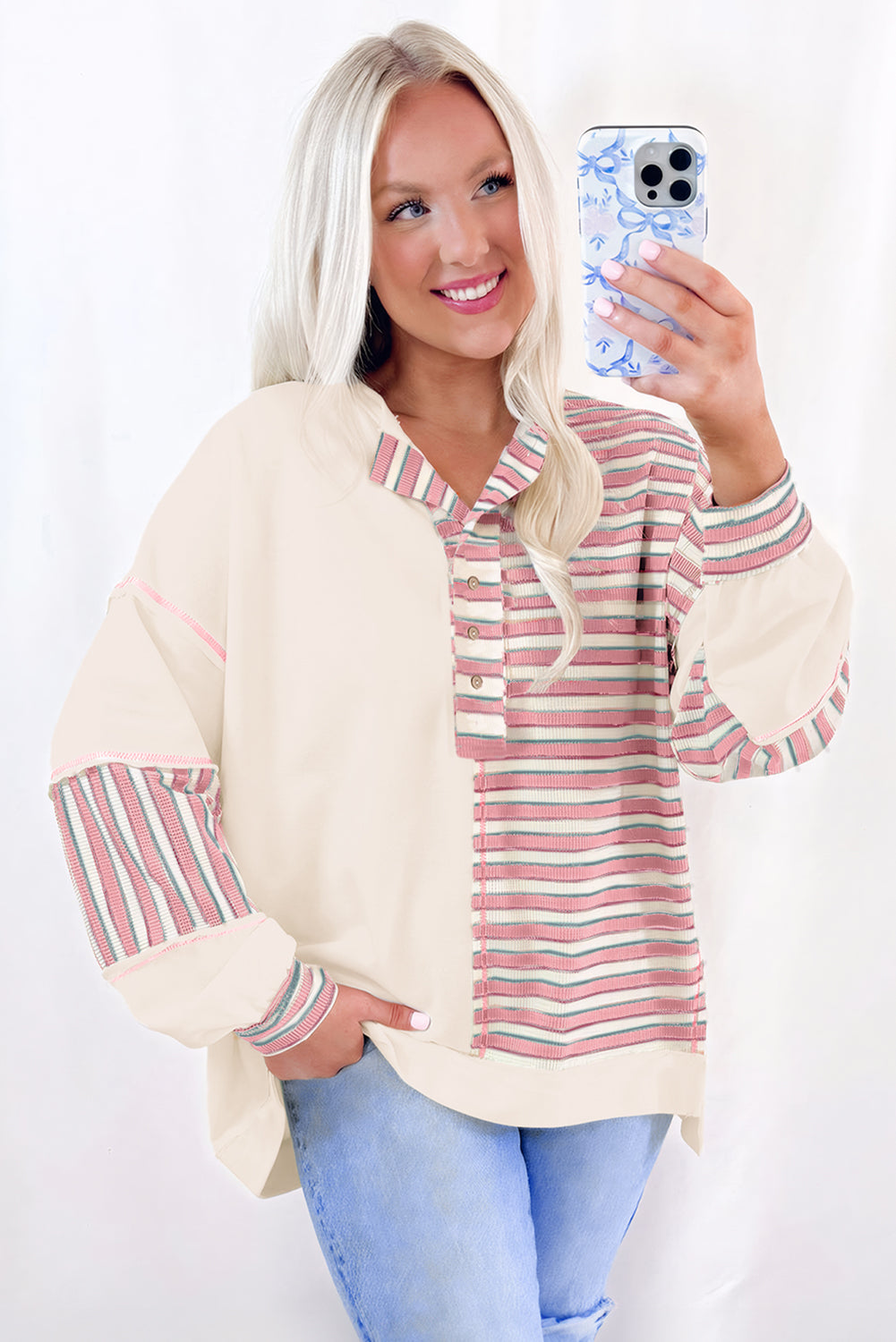 Khaki Stripe Stitched Detail Color Block Patchwork Oversized Pullover Top