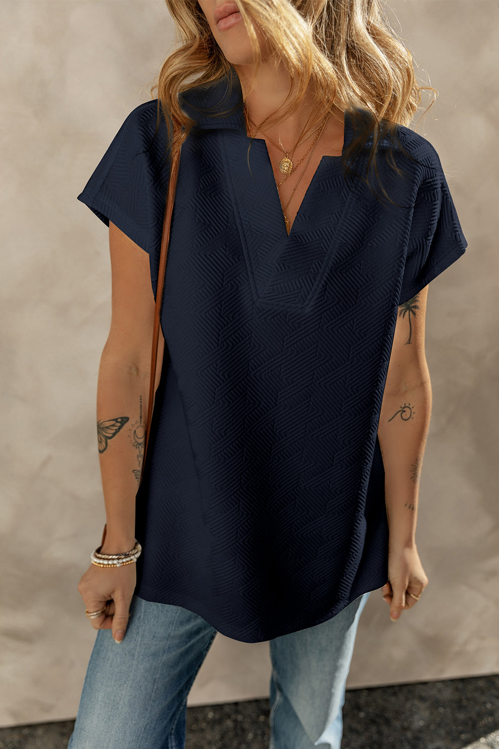 Rose Red Textured V Neck Collared Short Sleeve Top
