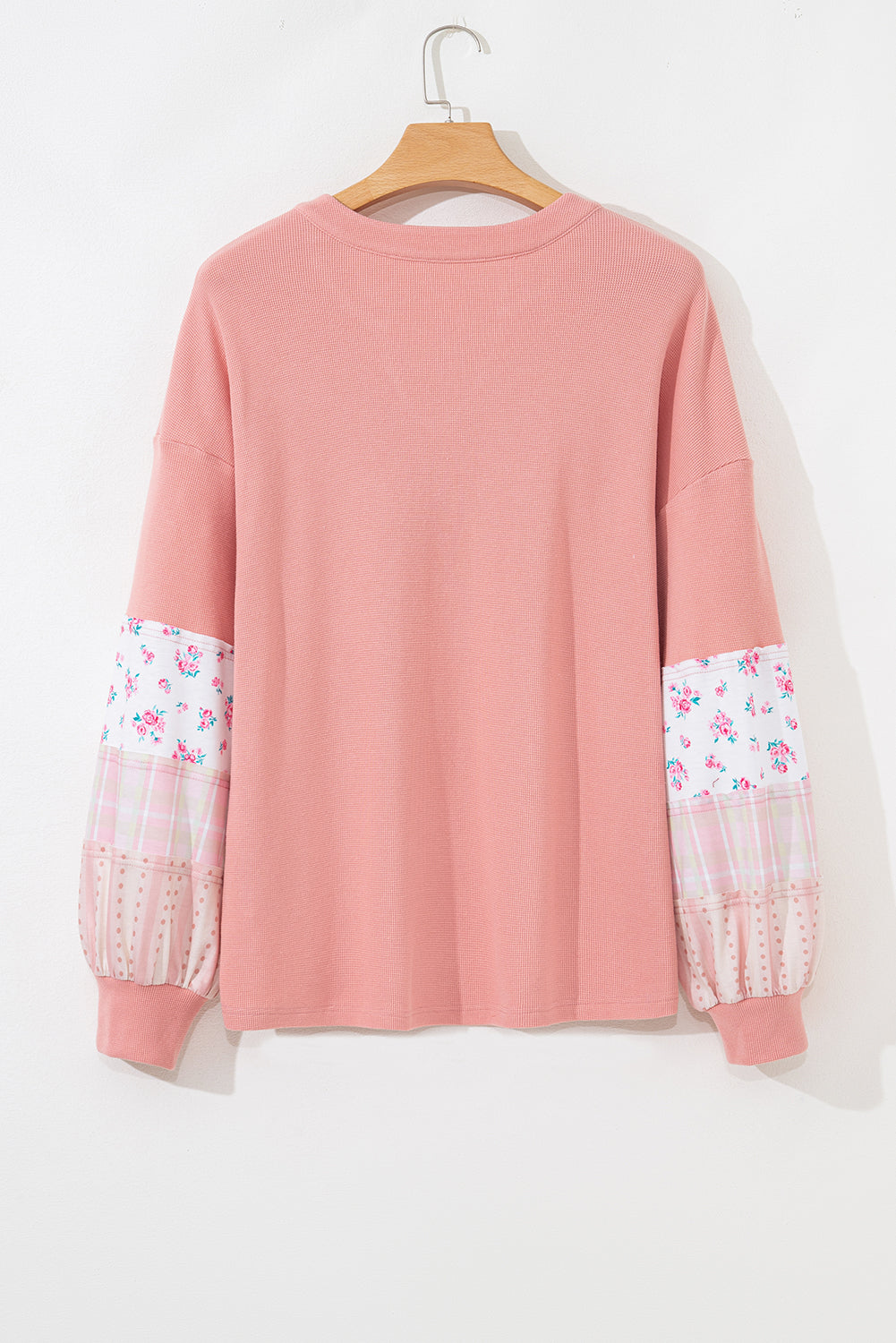 Pink Floral Sleeve Patchwork Waffle Knit Notched V Neck Plus Size Top