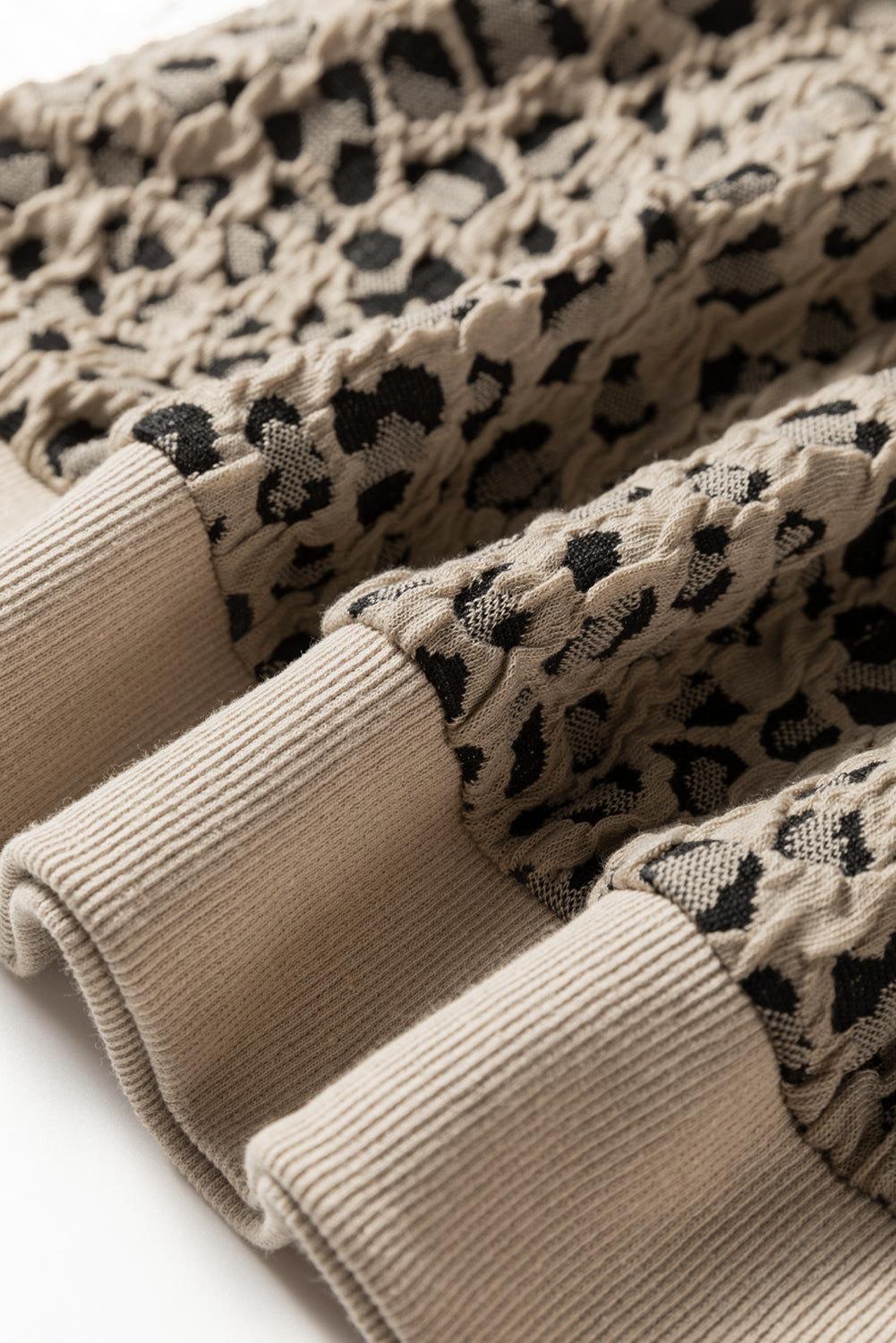 Khaki Leopard Textured Ribbed Trim Plus Size Long Sleeve Top