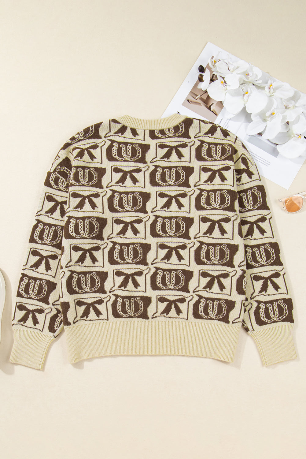 Brown Bows & Horseshoes Pattern Western Fashion Print Sweater