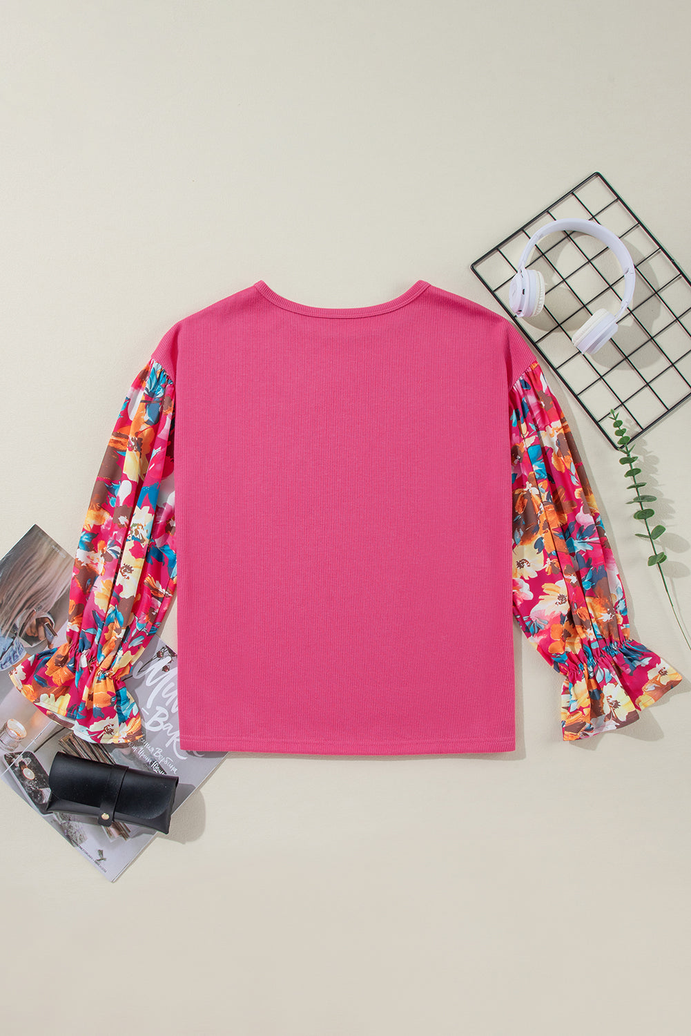 Bright Pink Floral Patchwork Flounce Sleeve Rib Knit Plus Top