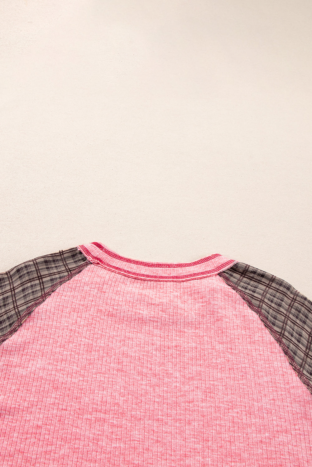 Fushia Mixed Print Raglan Sleeve Ribbed Knit Patchwork Blouse