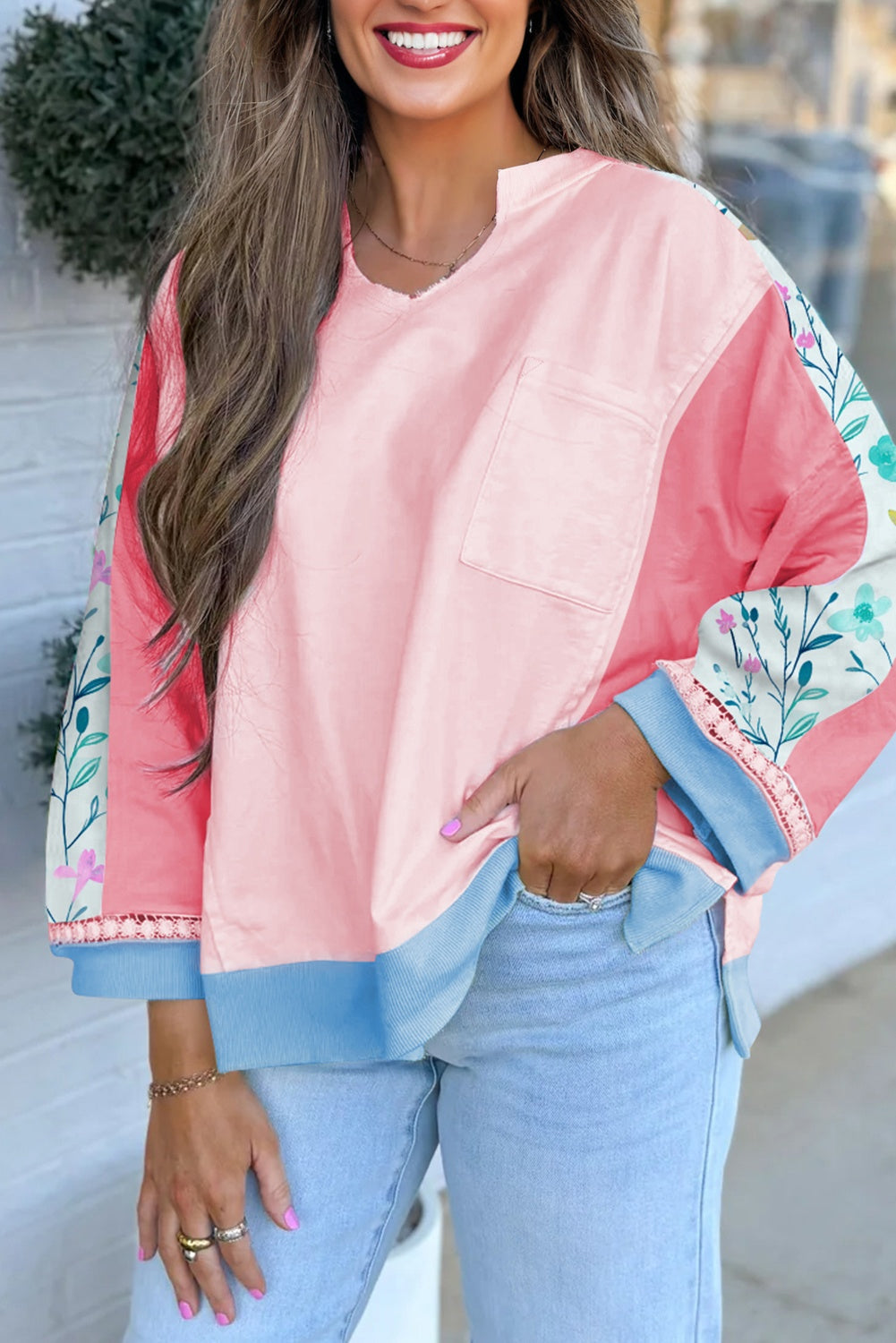 Green Color Block Floral Patchwork Long Sleeve Notched Neck Plus Size Top