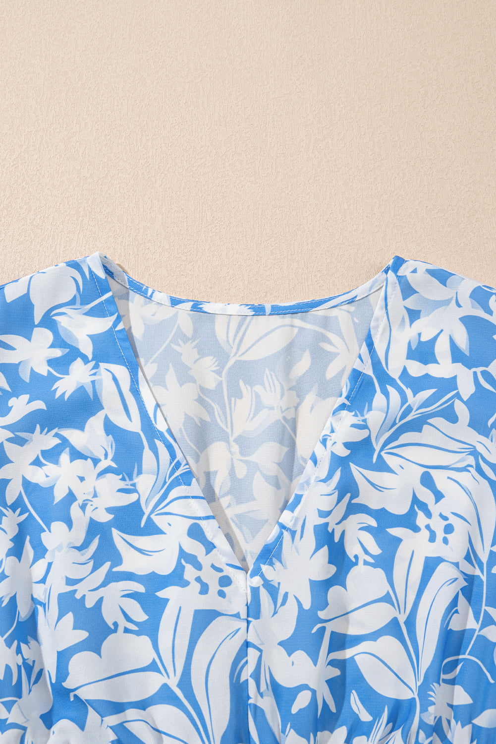 Sky Blue Floral V Neck Puff Short Sleeve Flowy Long Dress