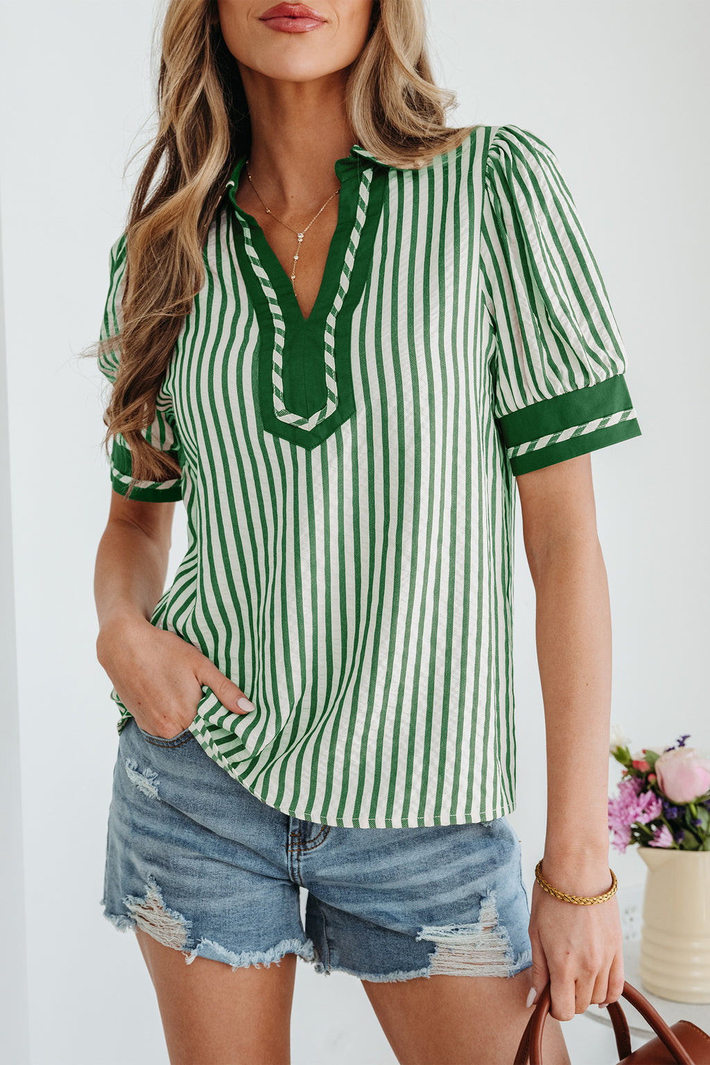 Black Stripe Collared Split Neck Short Bubble Sleeve Blouse