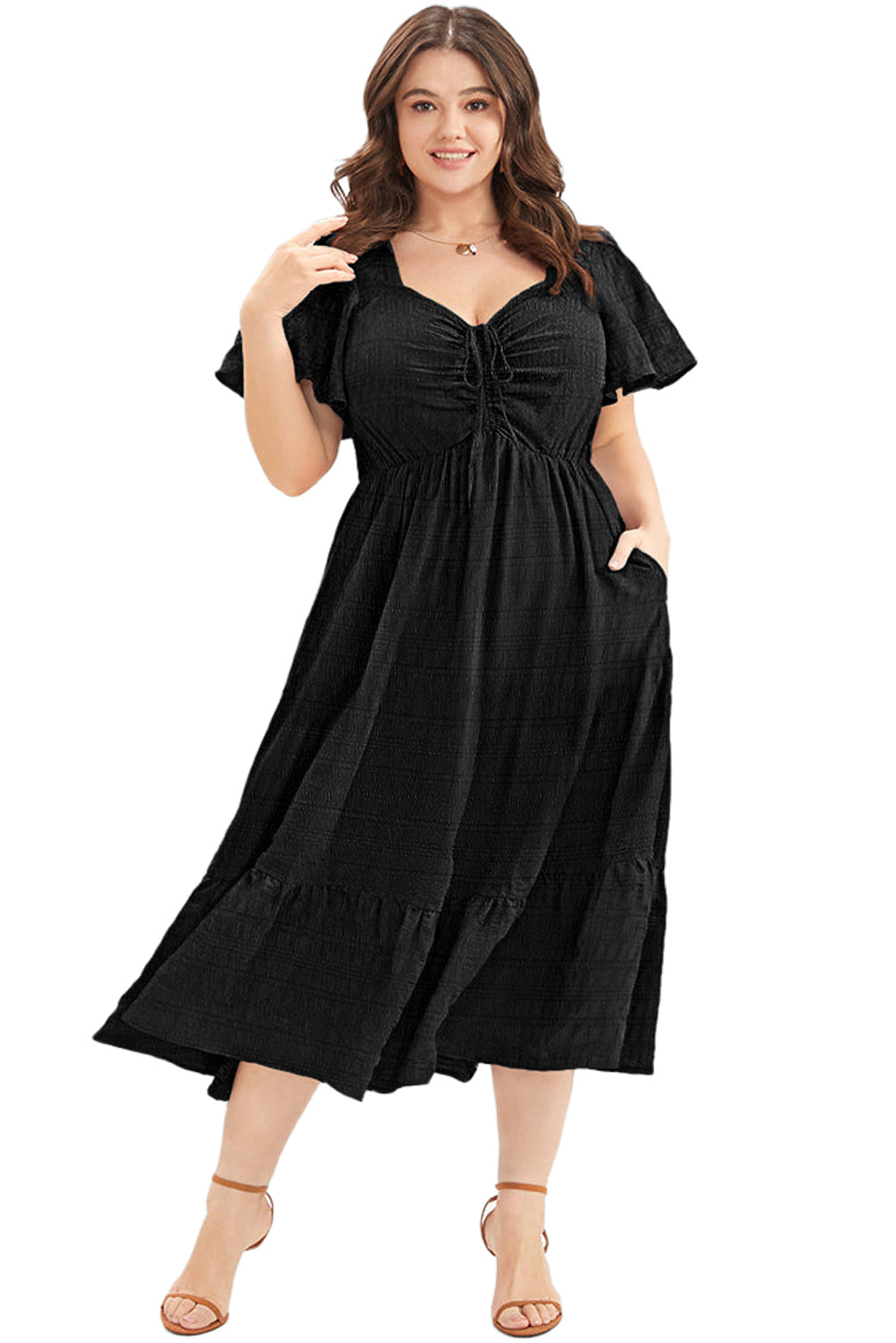 Red Plus Size Short Sleeve Lace-up High Waist Midi Dress