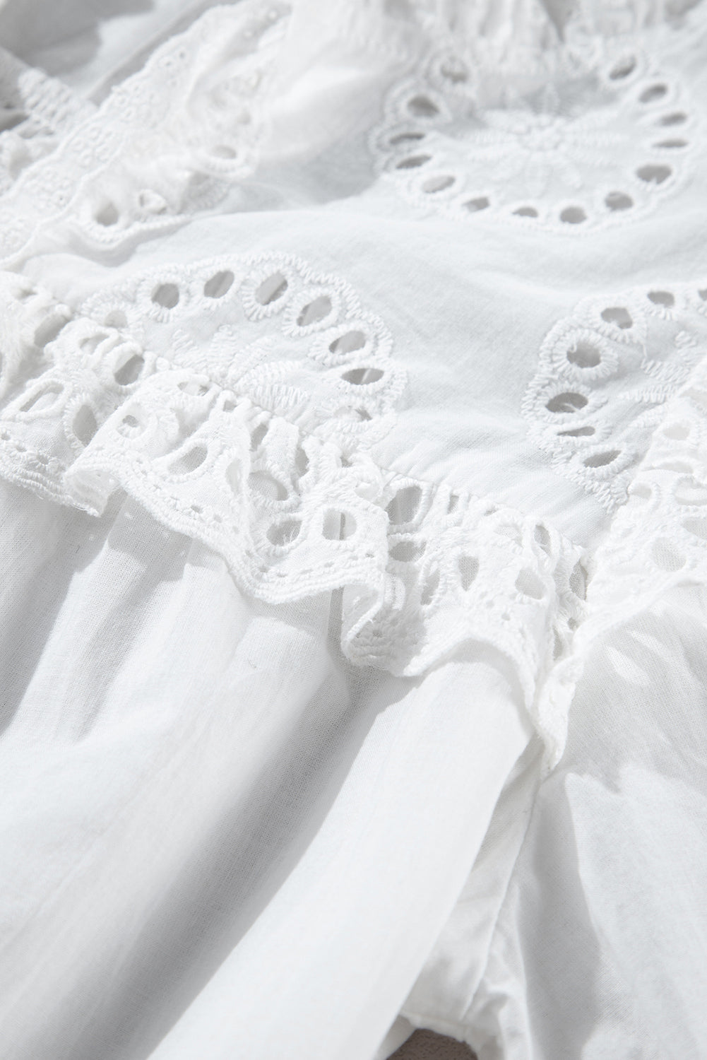White Embroidered Lace Patchwork Tie Neck Puff Short Sleeve Blouse