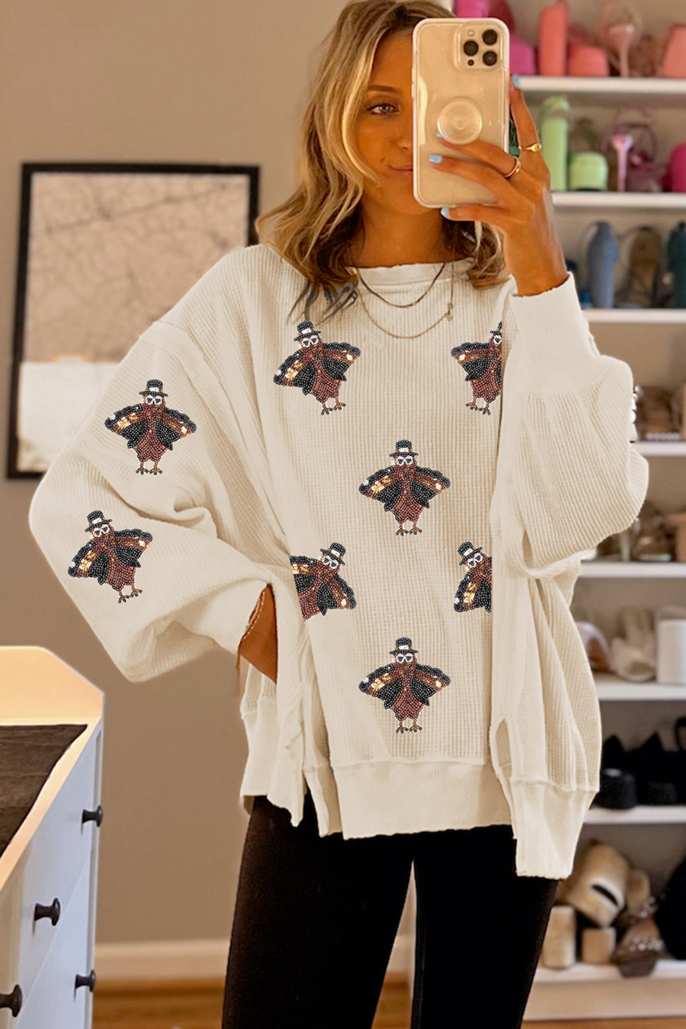 White Waffle knit Bishop Sleeve Split Oversized Top