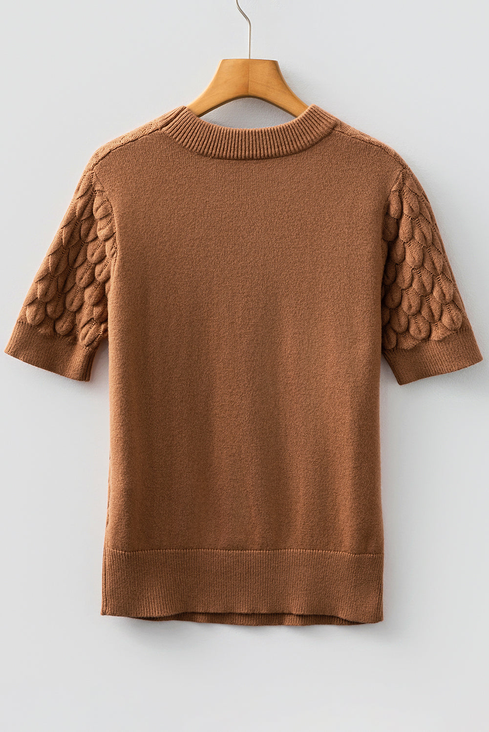 Straw Yellow Fish Scale Textured Knit Ribbed Crew Neck Short Sleeve Sweater
