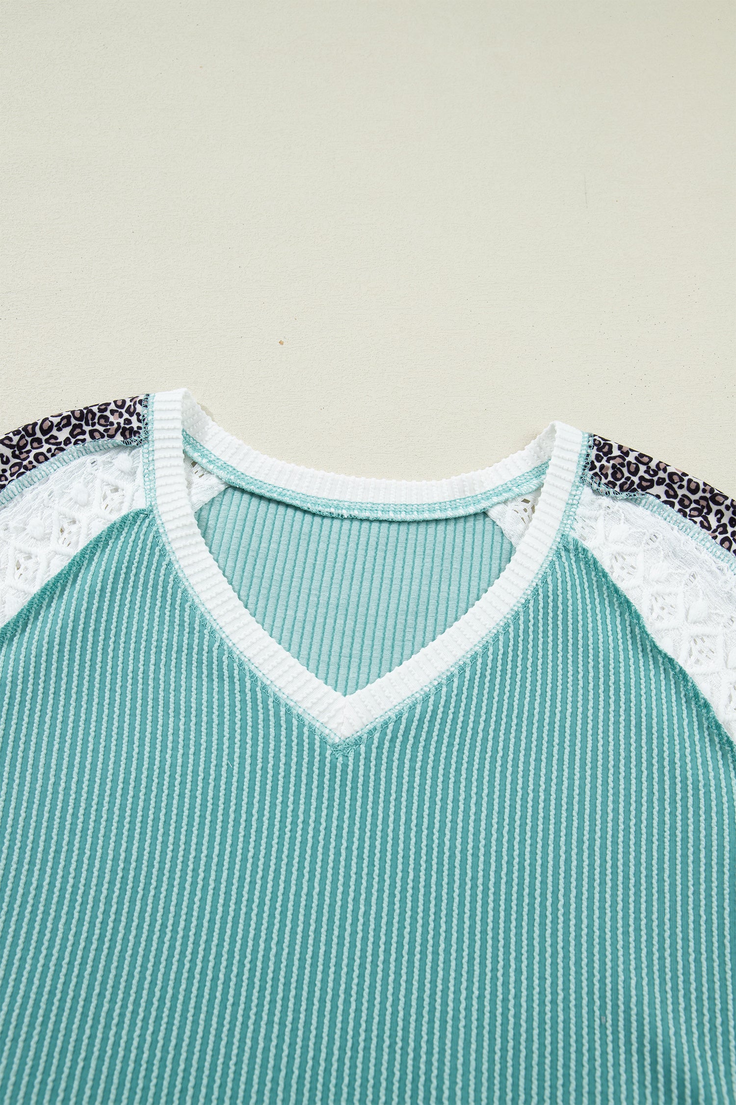Dark Khaki Twisted Ribbed Leopard Lace Contrast Patchwork Long Sleeve Top