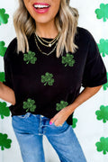 Black St Patricks Day Rhinestone Clover Round Neck Tee
