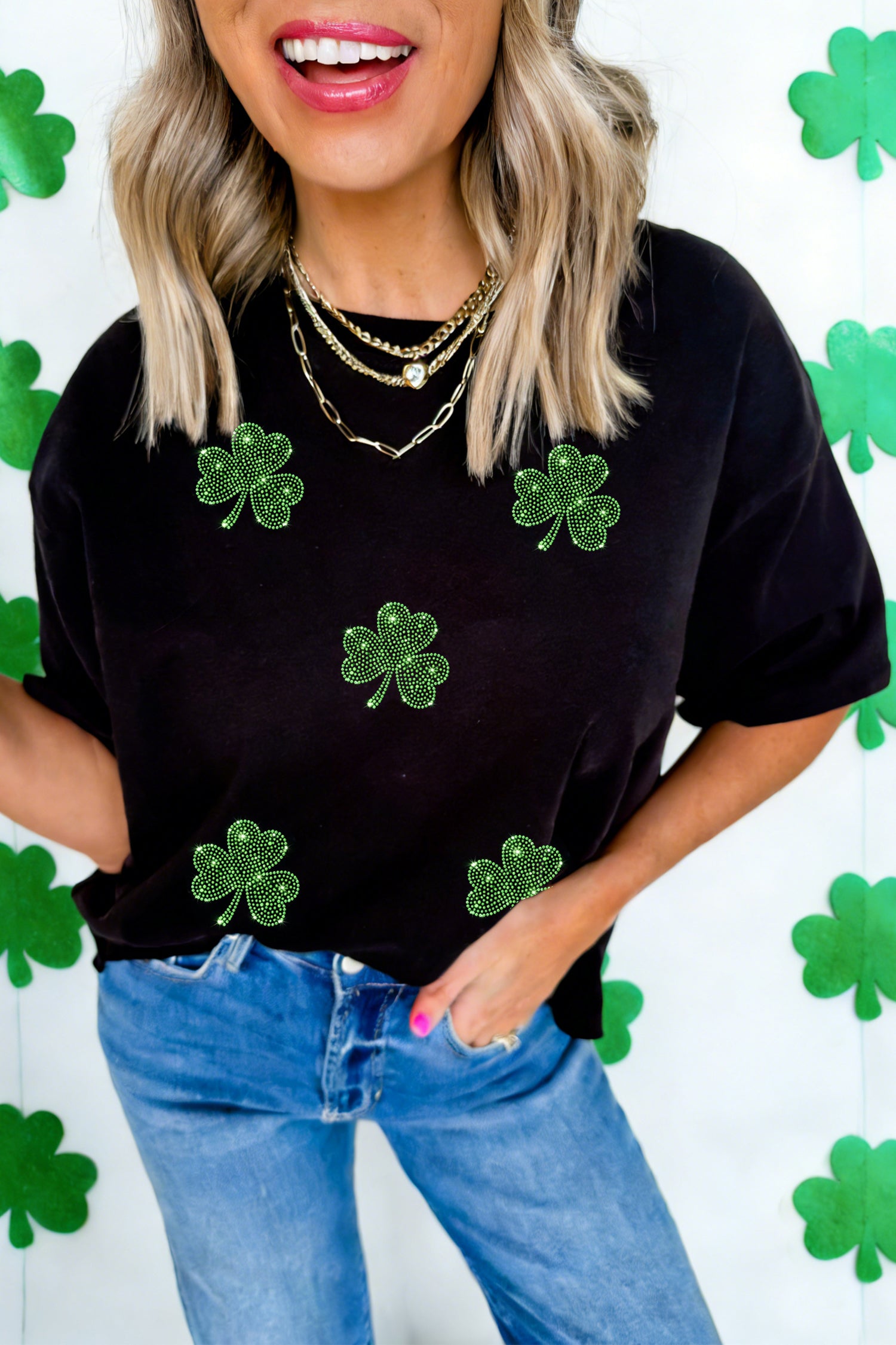 Black St Patricks Day Rhinestone Clover Round Neck Tee