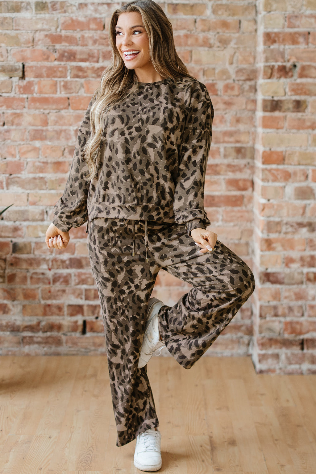 Brown Leopard Loose Tee Drawstring Waist Barrel Pants Set