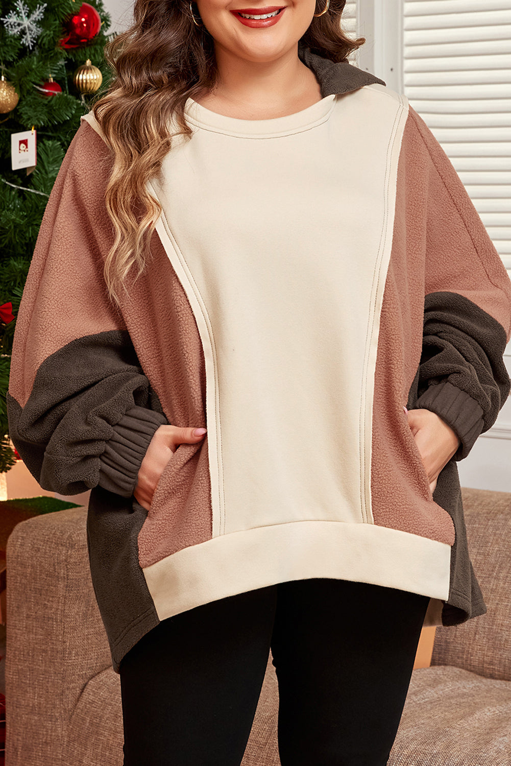 Beige Oversized Color Block Patchwork High Low Hoodie