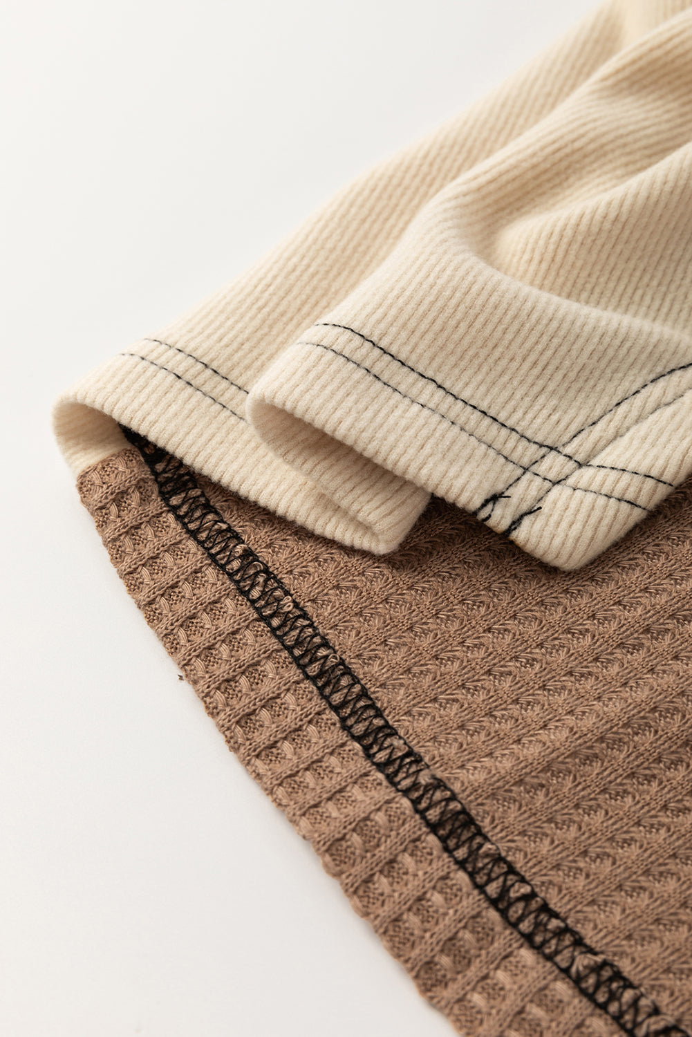 Beige Color Block Waffle Knit Stitch Detail Long Sleeve Top