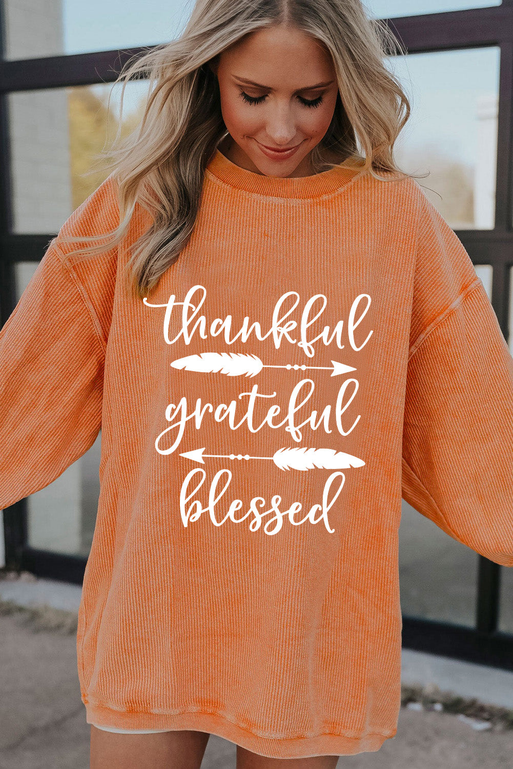 Orange Thankful Ribbed Crew Neck Thanksgiving Sweatshirt
