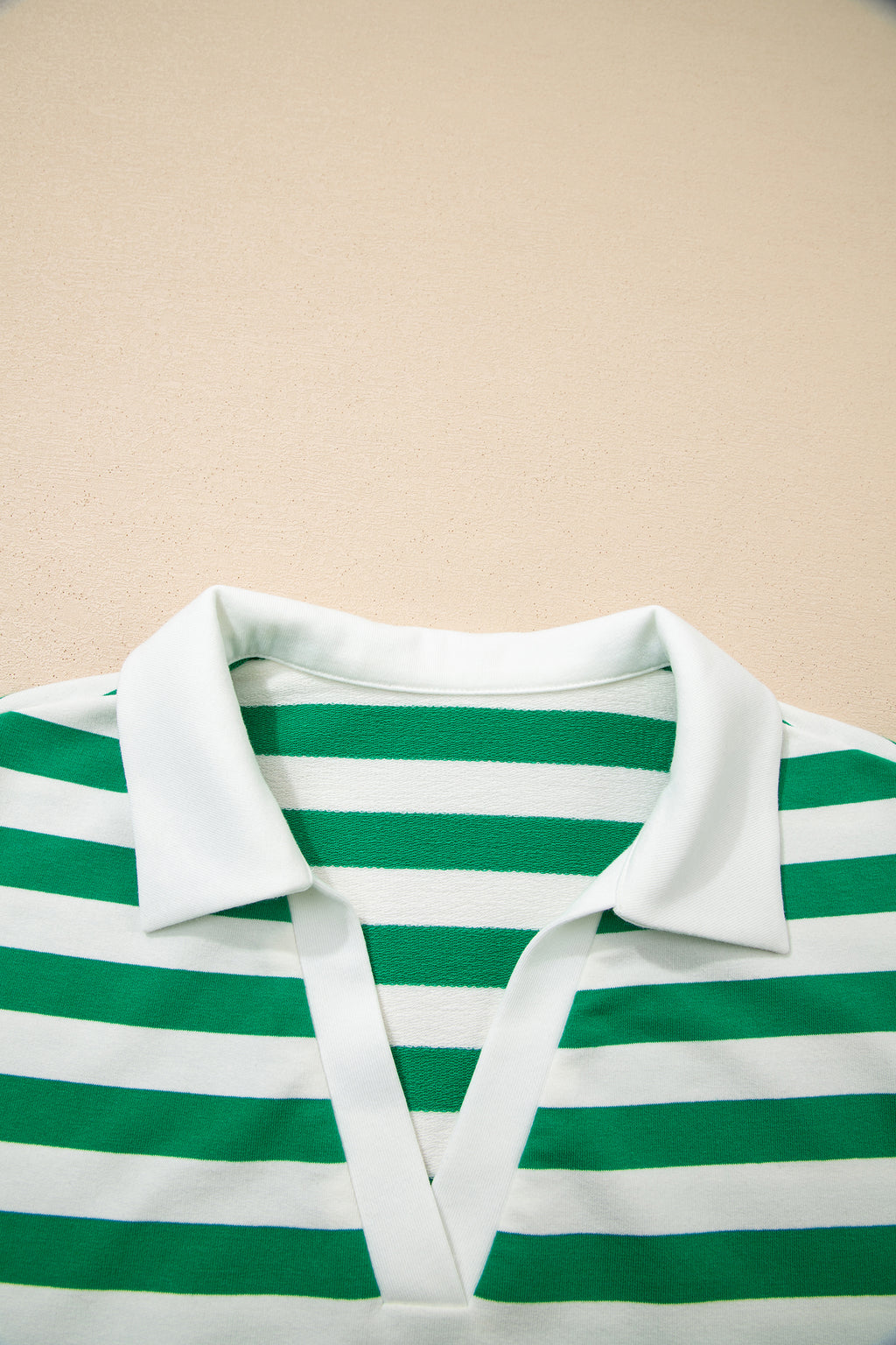 Pink Stripe Collar V Neck Ruffled Short Sleeve Blouse