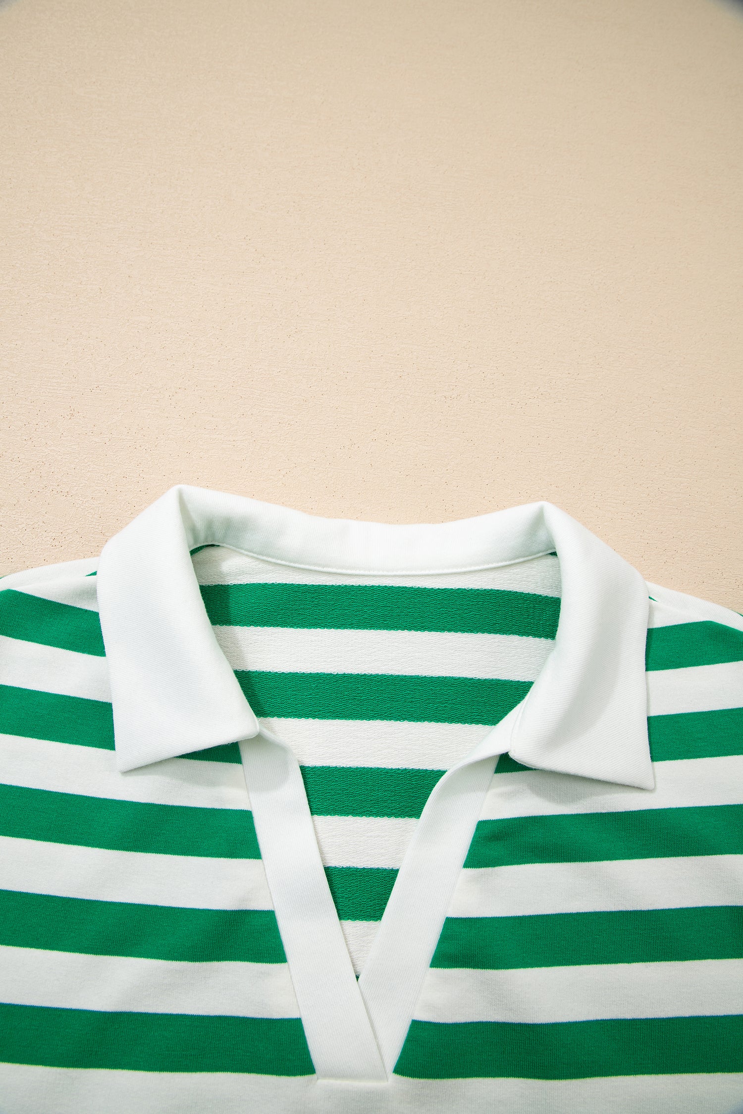 Pink Stripe Collar V Neck Ruffled Short Sleeve Blouse