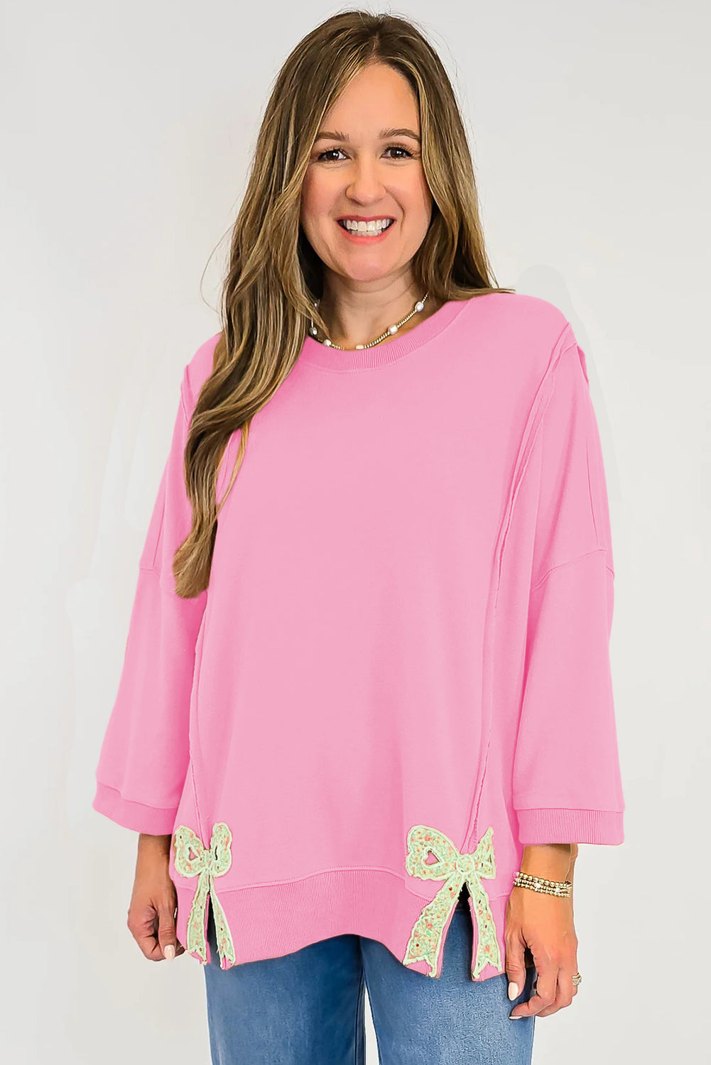 Beige Plus Size Raw Seam Detail Floral Bow Patched Baggy Pullover