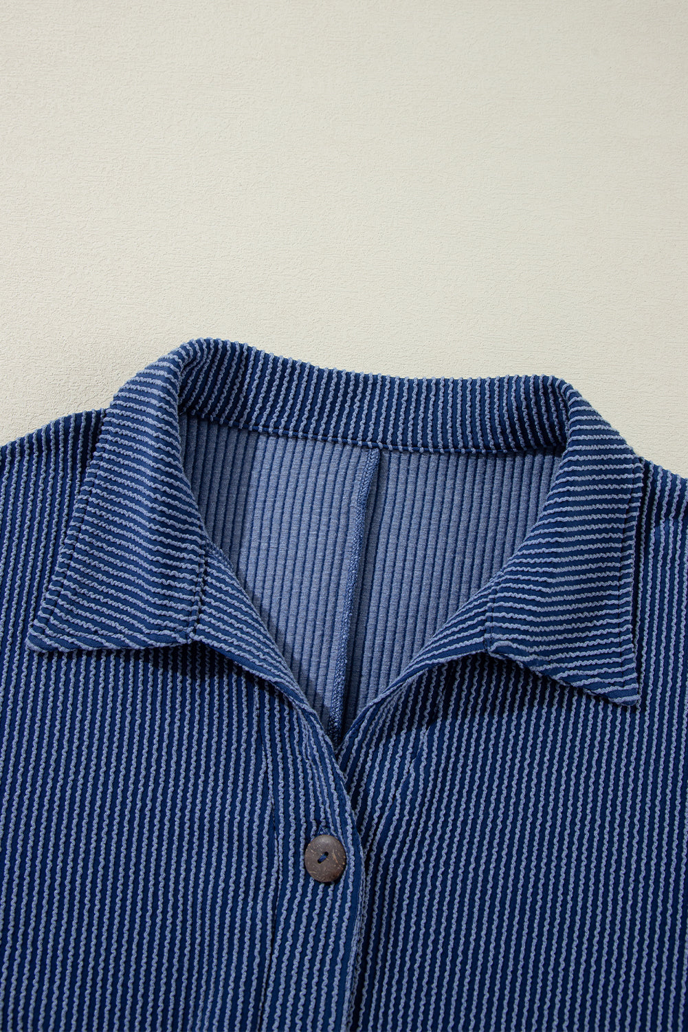 Navy Blue Oversized Twist Ribbed Collared Henley Top with Roll up Sleeve