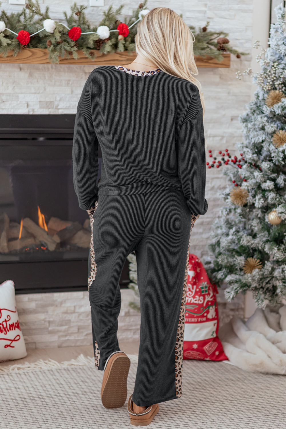 Carbon Grey Leopard Patchwork Edge Twisted Rib T Shirt and Cropped Pants Set