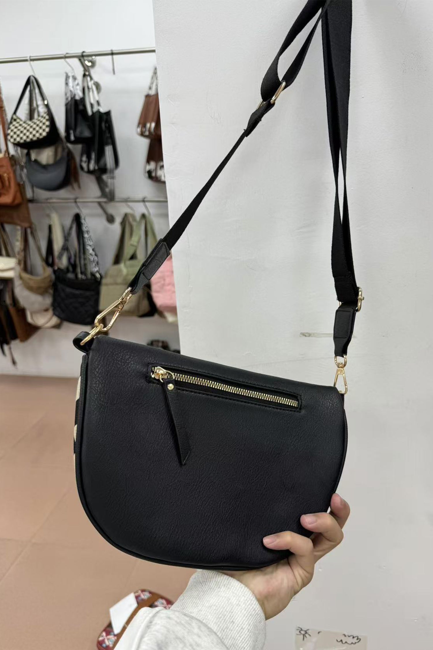 Coffee PU Leather Checkered Knit Patchwork Wallet Attached Shoulder Bag