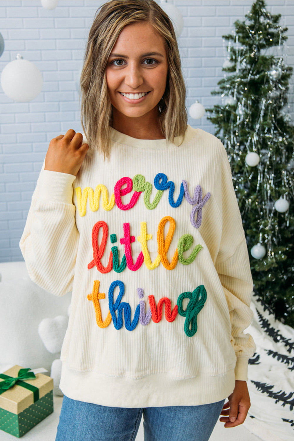 Dark Green merry little thing Corded Letter Graphic Ribbed Loose Sweatshirt