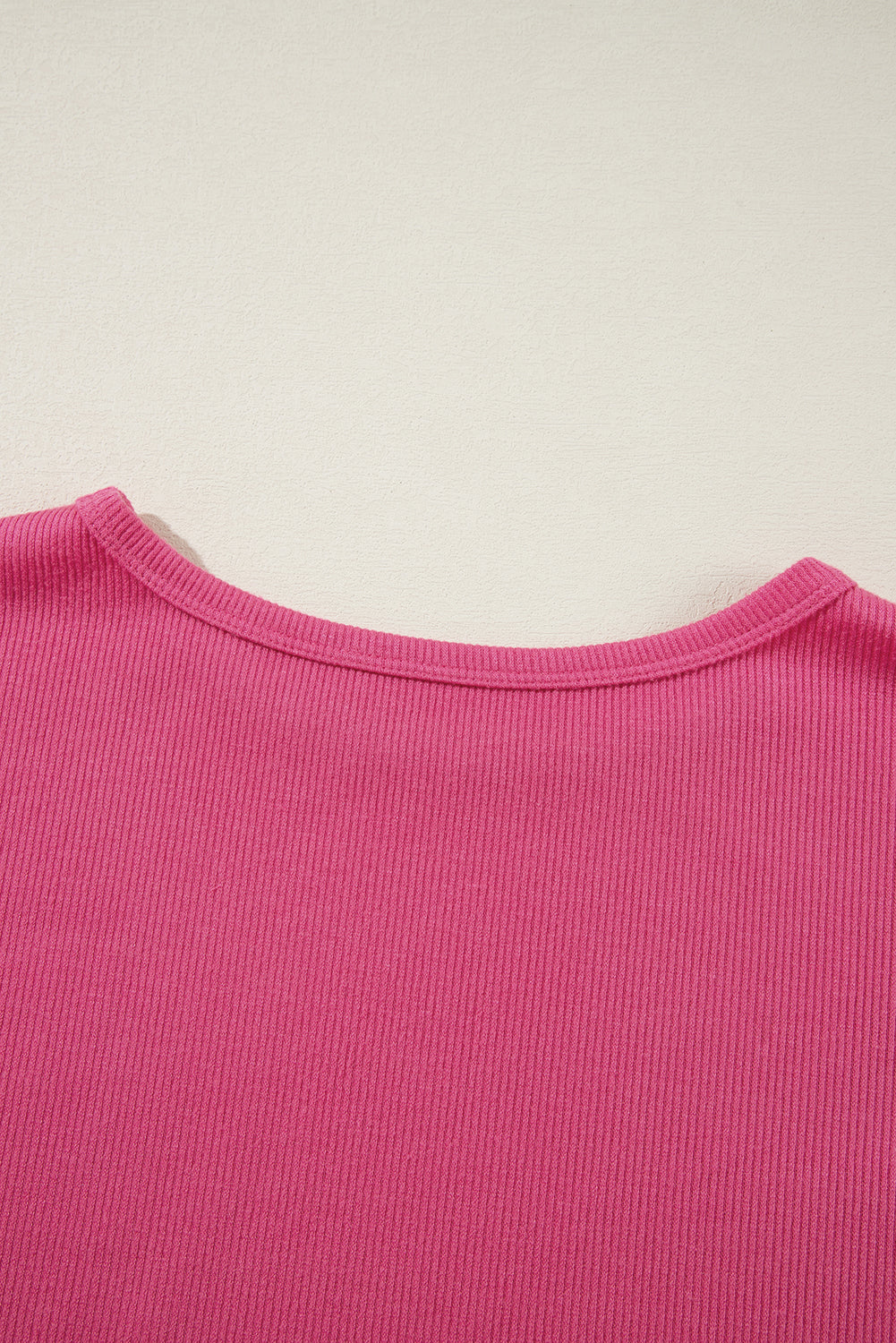 Bright Pink Floral Patchwork Flounce Sleeve Rib Knit Plus Top