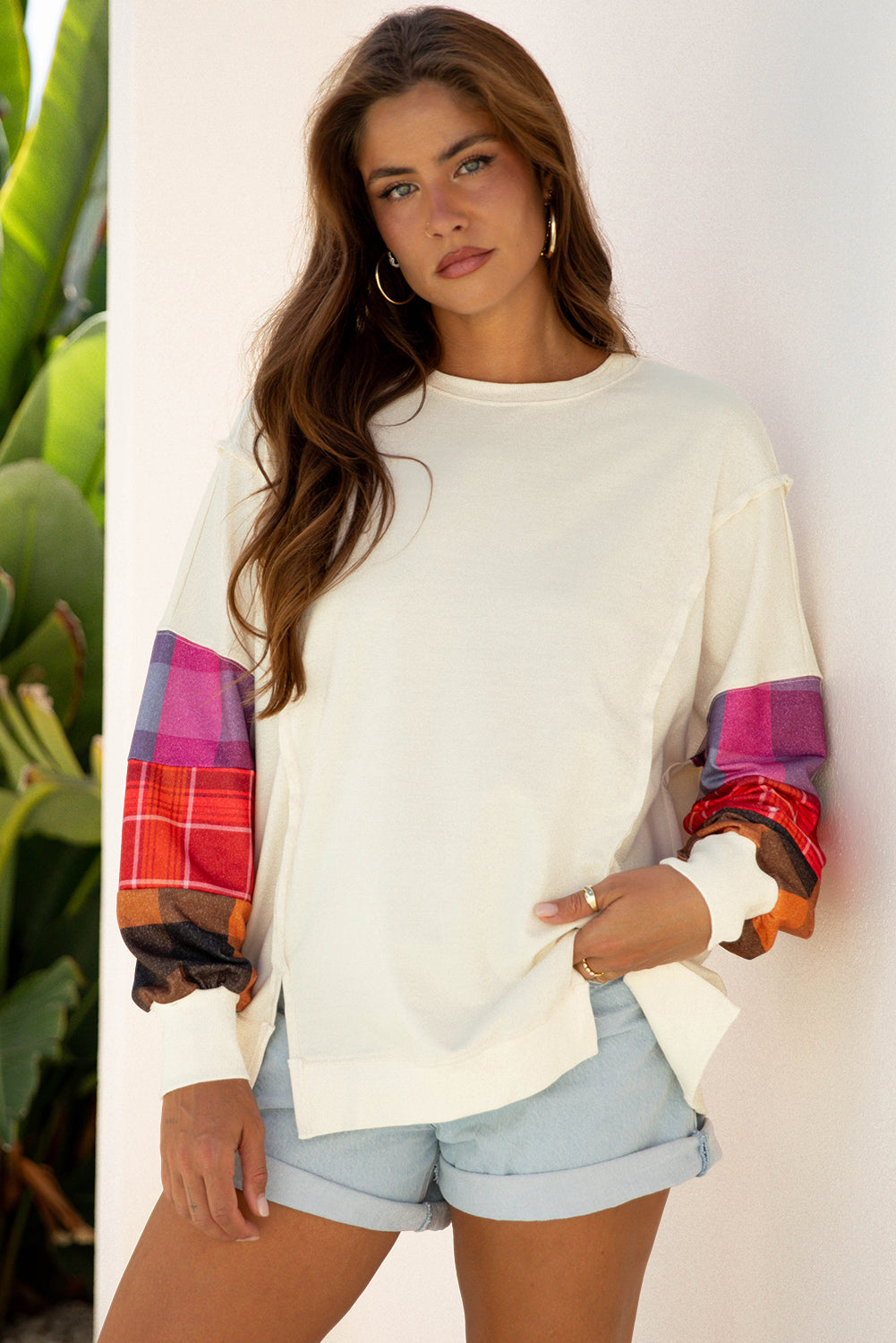 Beige Plus Size Multicolor Plaid Patchwork Sleeve Pullover Top