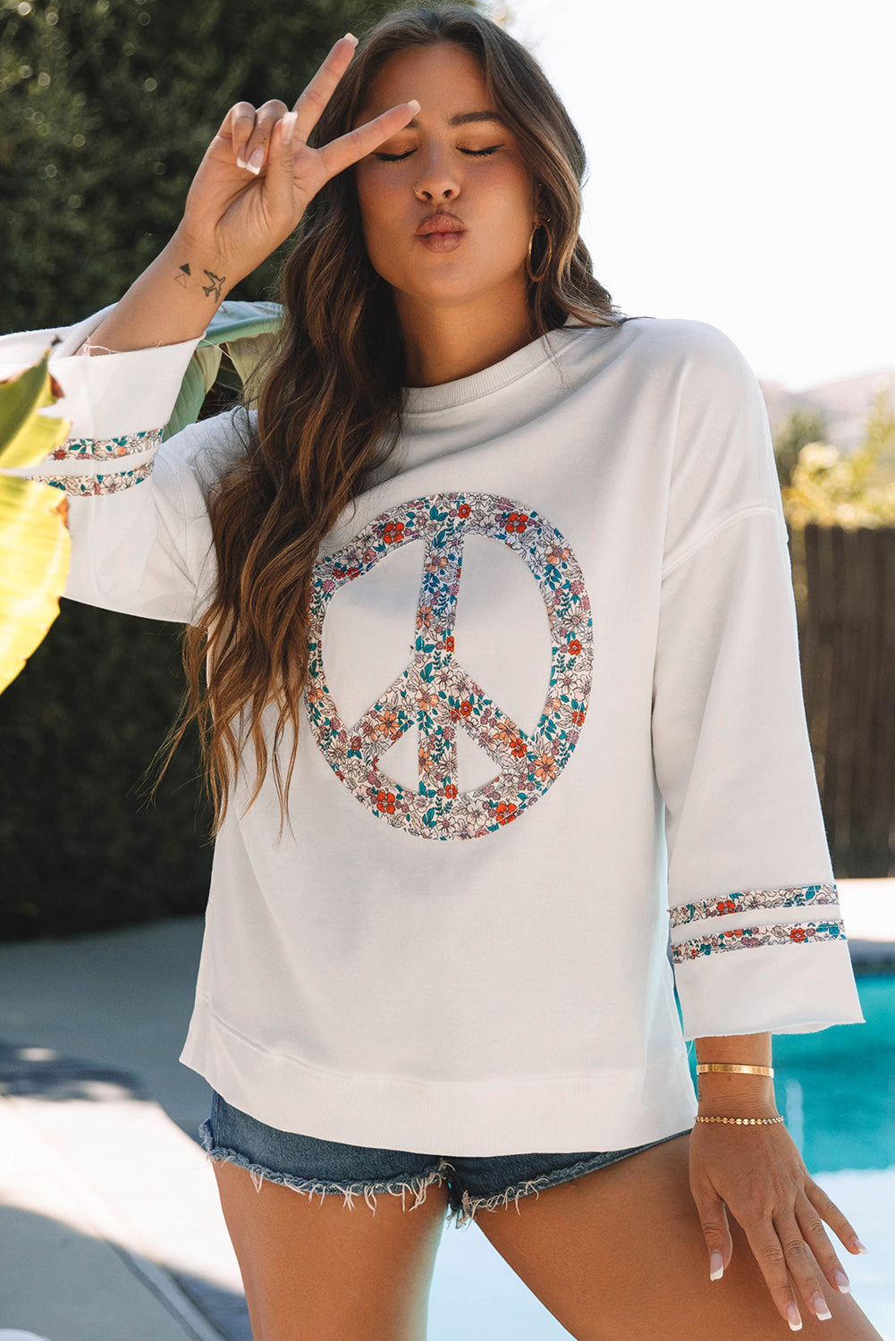 Beige Flower Patch Graphic Exposed Seam Wide Sleeve Top