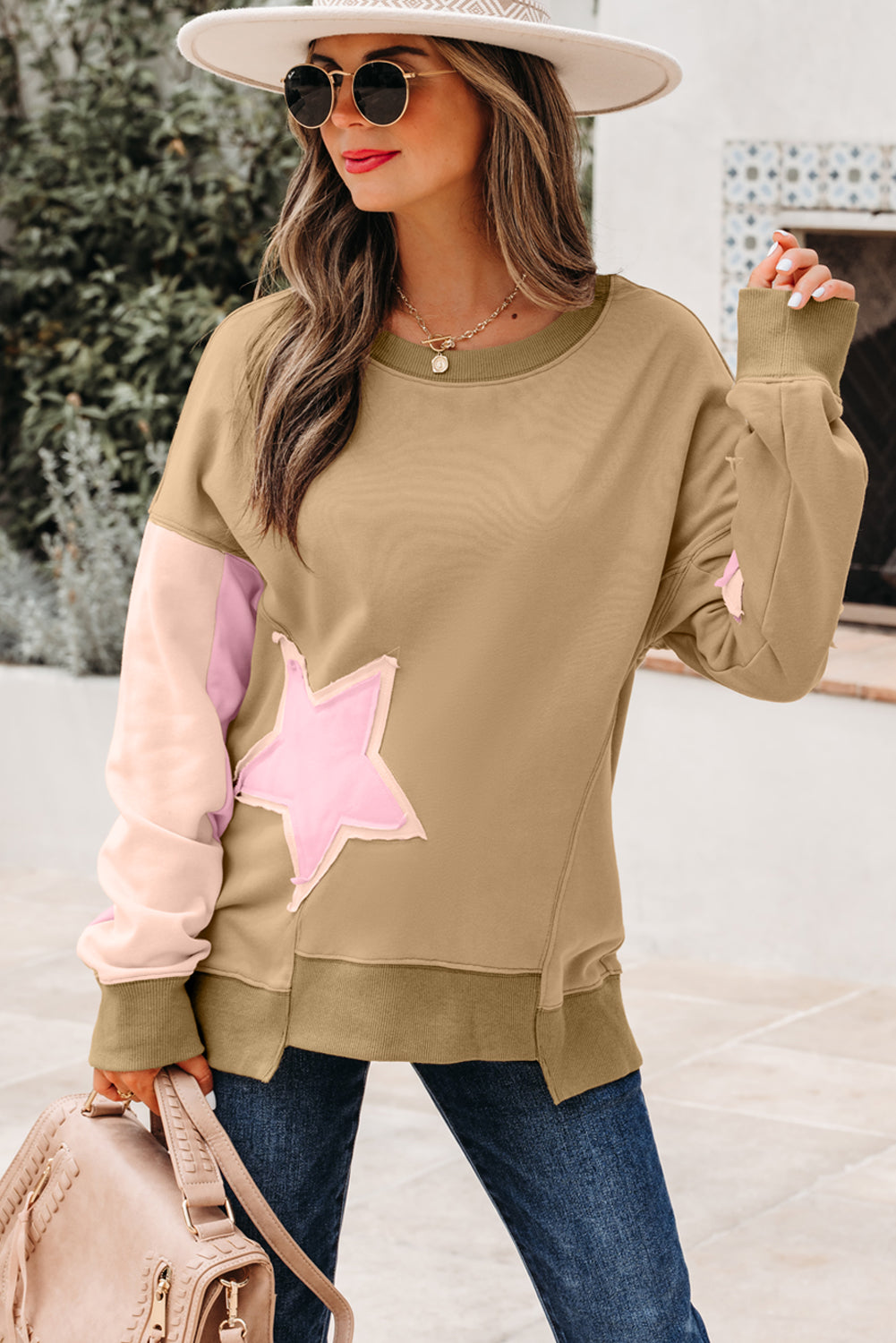 Rose Pink Contrast Star Patchwork Exposed Seam Uneven Hem Drop Shoulder Sweatshirt
