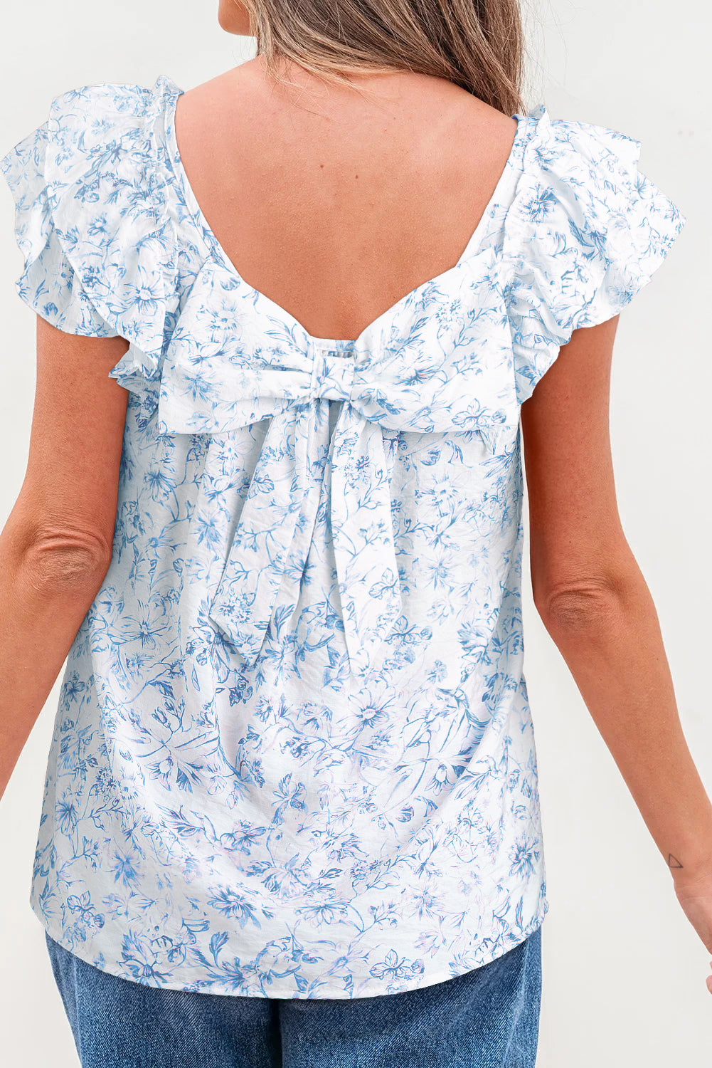Beau Blue Textured Bow Knot Frilled Butterfly Sleeve Blouse