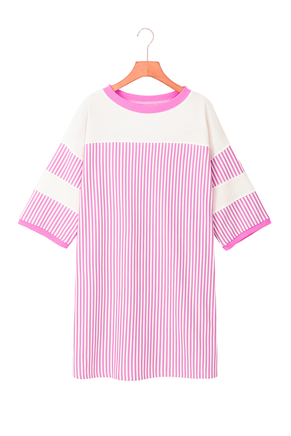 Pink Stripe Patchwork Bracelet Sleeve Plus Size T Shirt