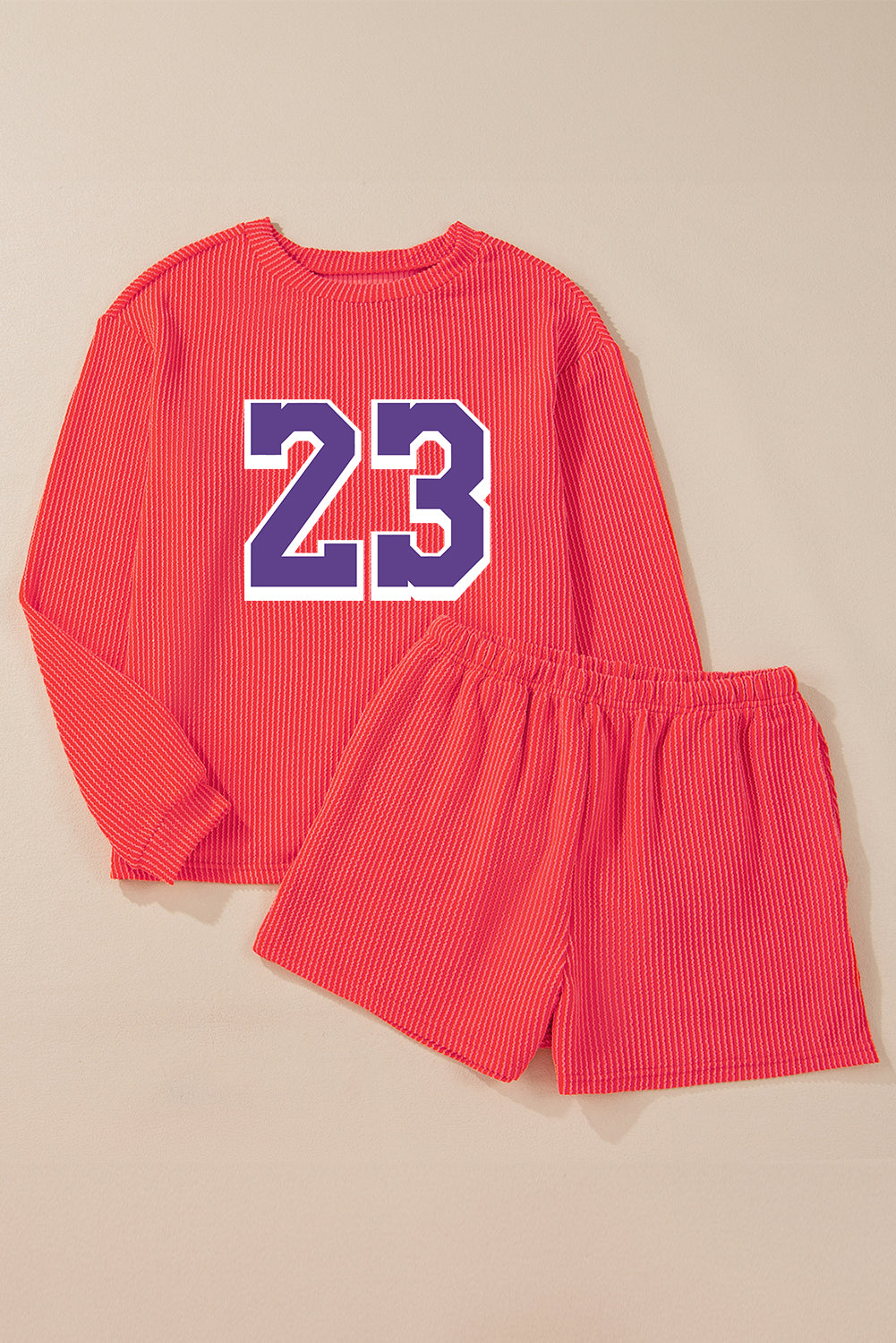 Gold Flame Twisted Rib Texture Number 23 Printed Long Sleeve Short Set