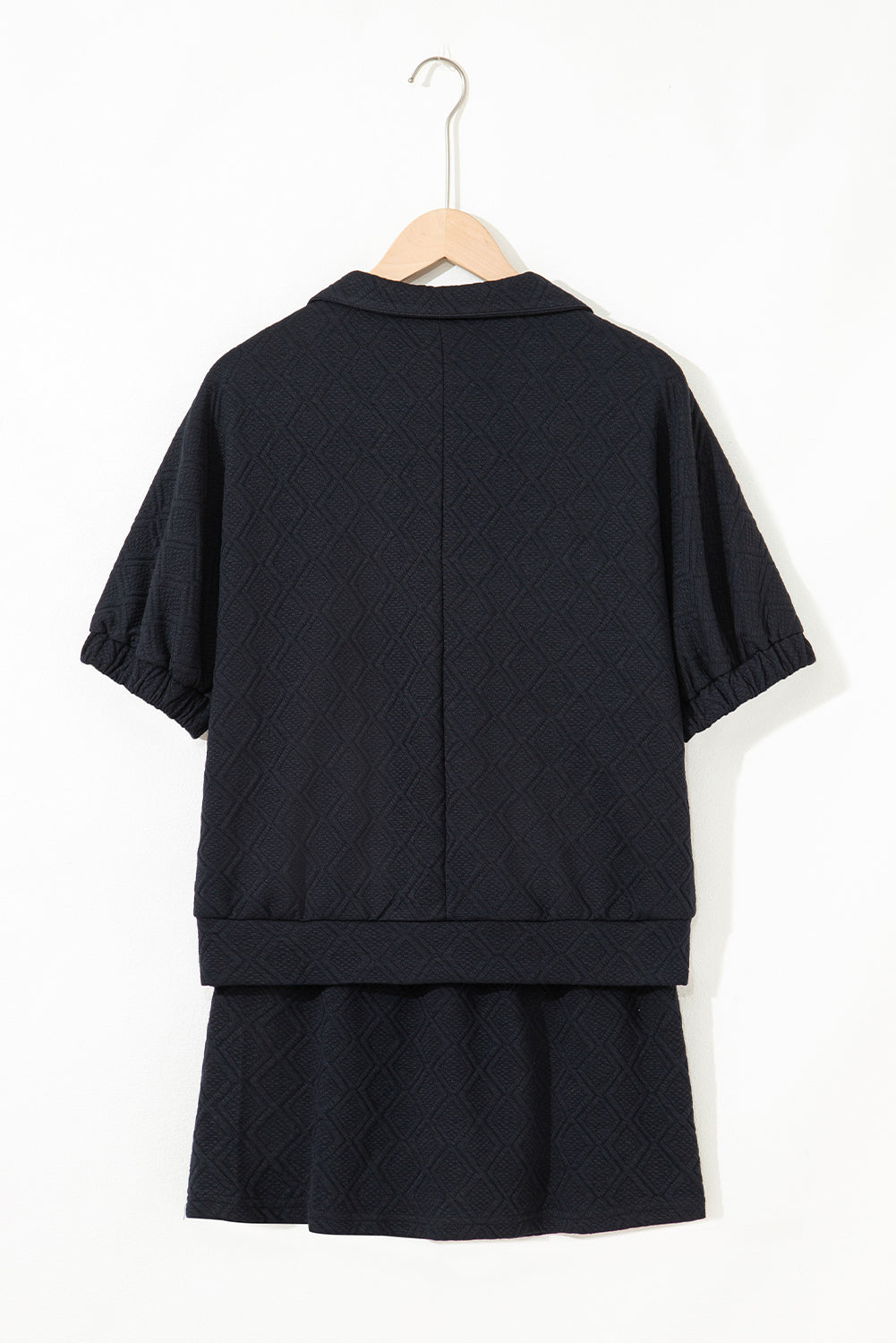White Textured Jacquard Colorblock Edge Puff Sleeve Quarter Zip Mini Dress