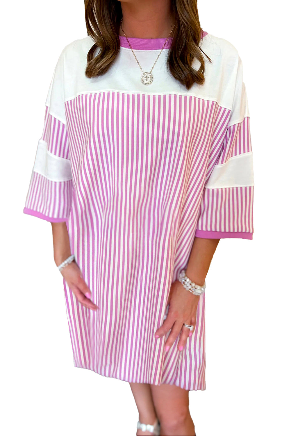 Pink Stripe Patchwork Bracelet Sleeve Plus Size T Shirt