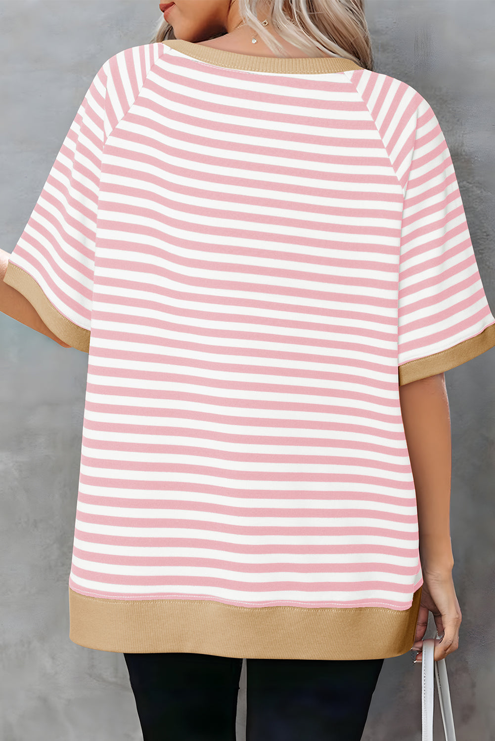 Pink Stripe Contrast Ribbed Patchwork Oversize T Shirt