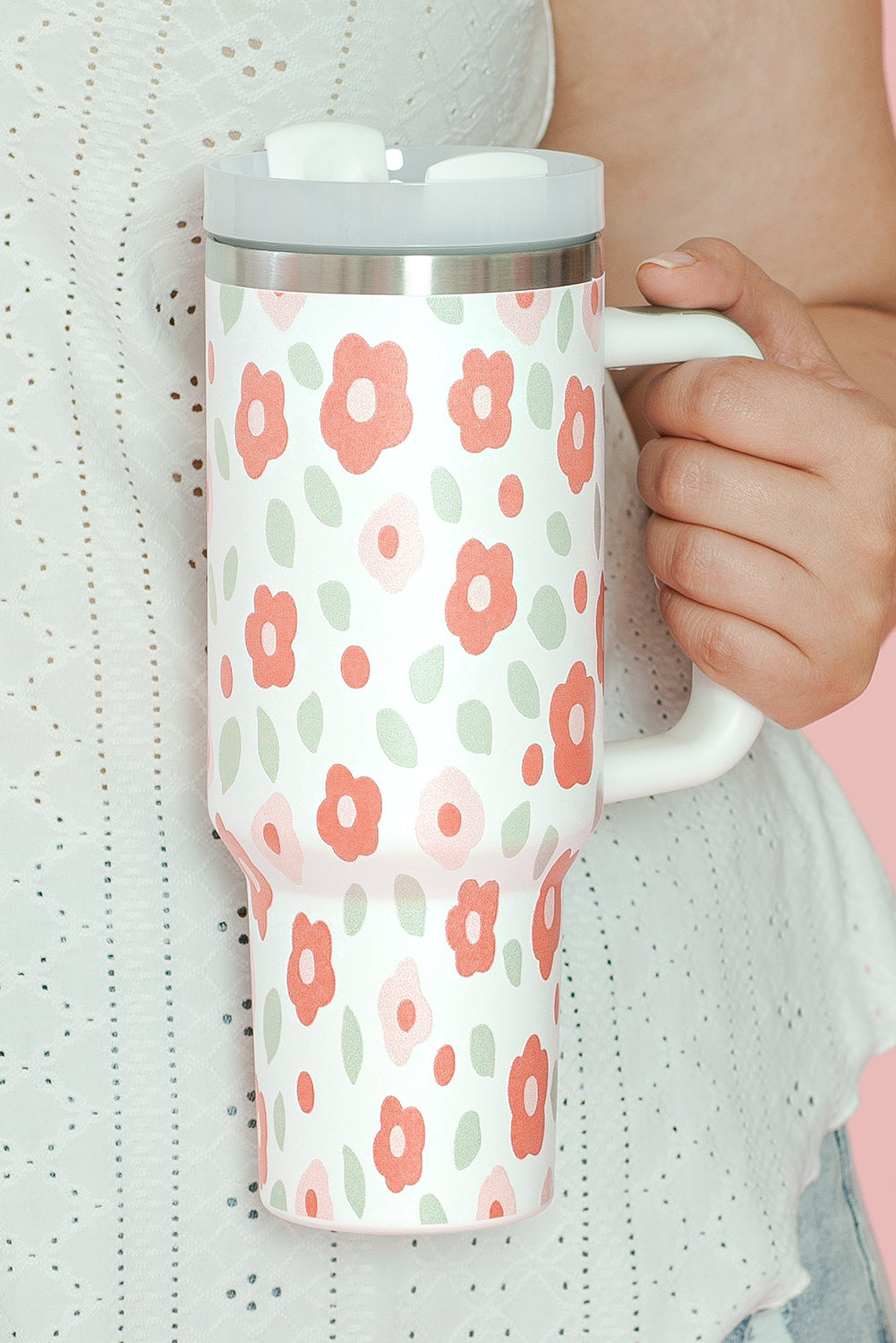 White Floral Leaves Print Stainless Large Portable Cup 40oz