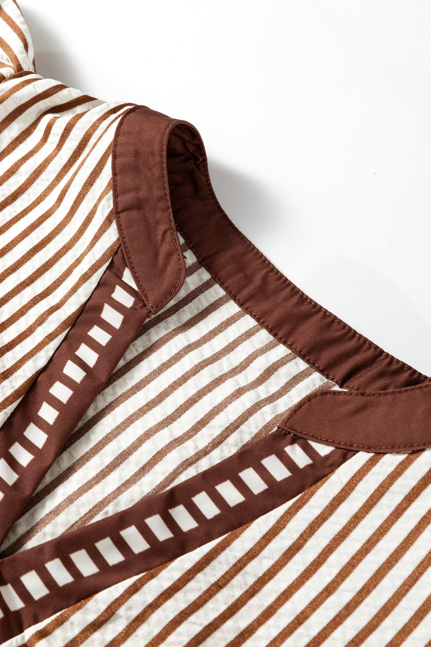 Brown Stripe Double Ruffled Short Sleeve Contrast Trim V Neck Midi Dress