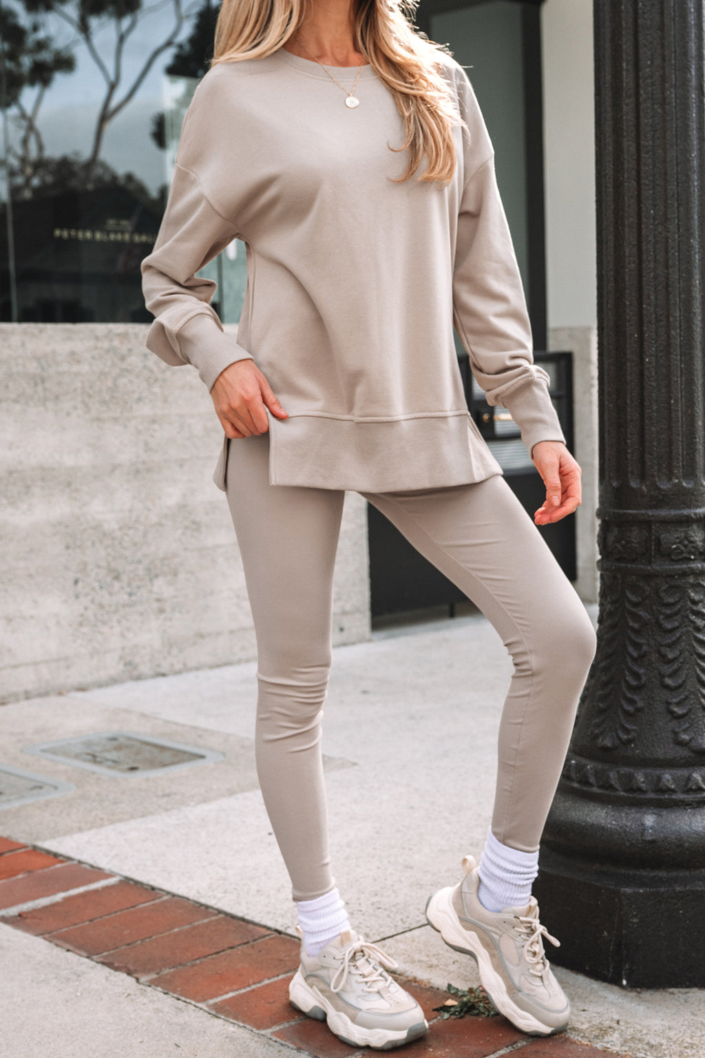 Black Solid Color Oversize Slit Sweatshirt Ribbed Leggings 2pcs Set