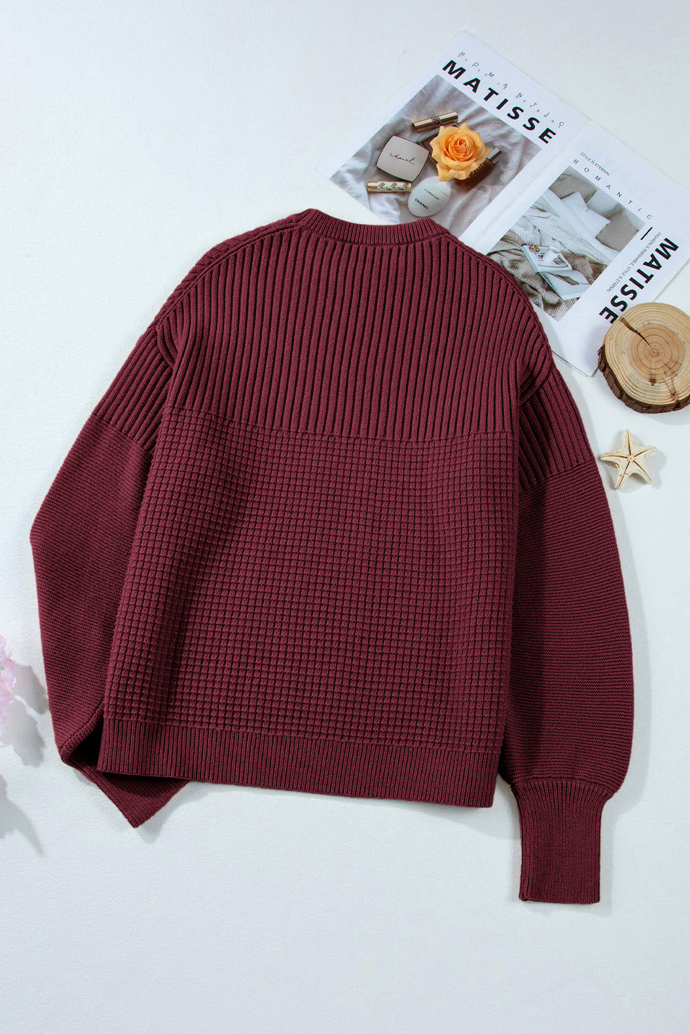 Vineyard Green Solid Color Mixed Textured Knitted Crew Neck Sweater