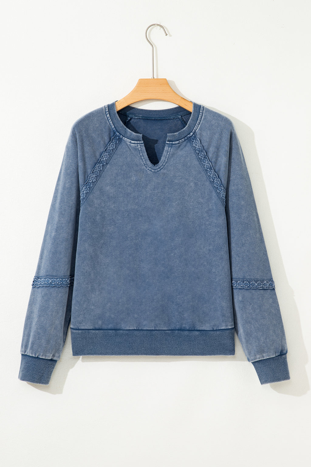 Jungle Green Lace Patchwork Detail Notched Neck Mineral Wash Baggy Sweatshirt