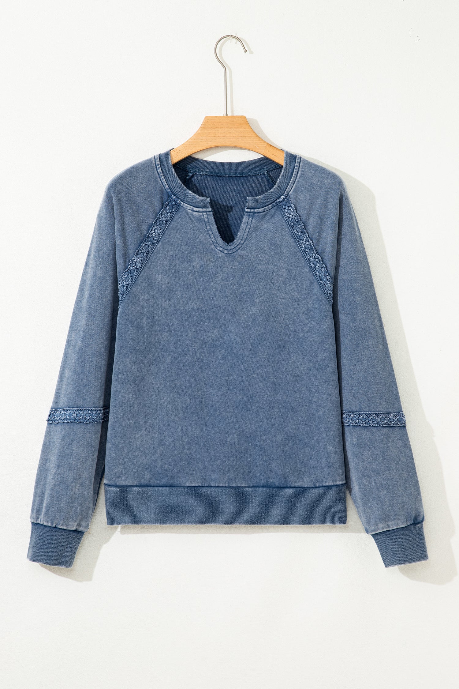 Jungle Green Lace Patchwork Detail Notched Neck Mineral Wash Baggy Sweatshirt